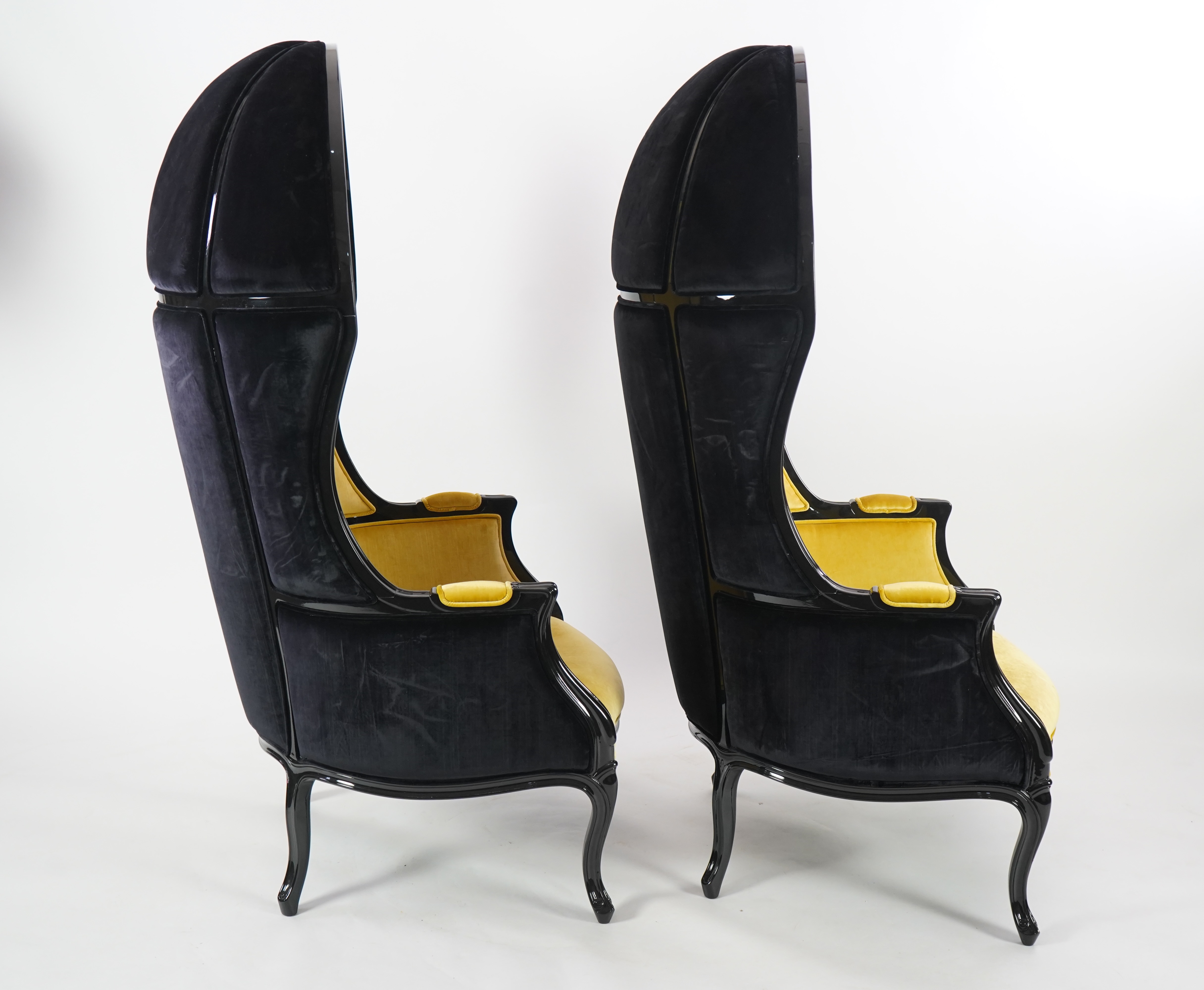 A pair of Namib ebonised and sand coloured satin cotton fabric lounger armchairs, by Brabbu, width 77cm, depth 75cm, height 160cm. Condition - good